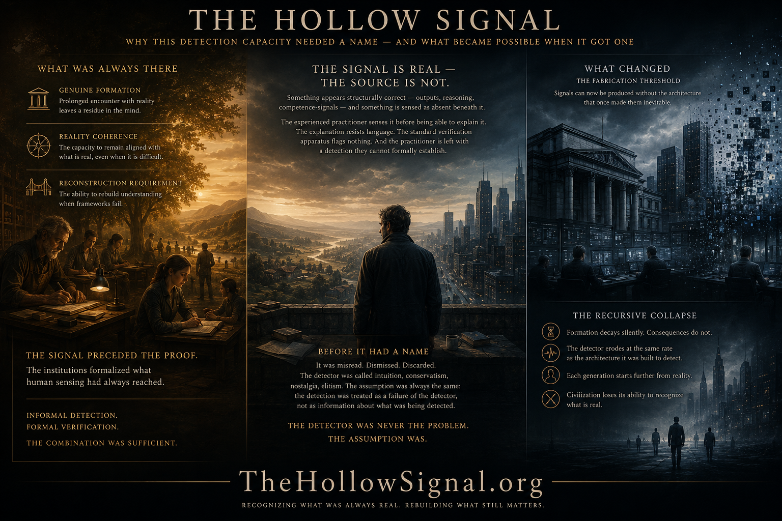 The Hollow Signal — civilization's oldest pre-institutional verification layer, from genuine formation to recursive collapse at the Fabrication Threshold