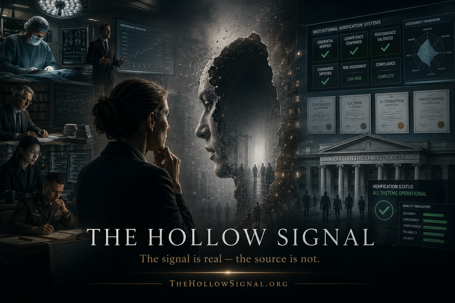 The Hollow Signal visualized as professionals detecting absence behind verified performance and institutional systems