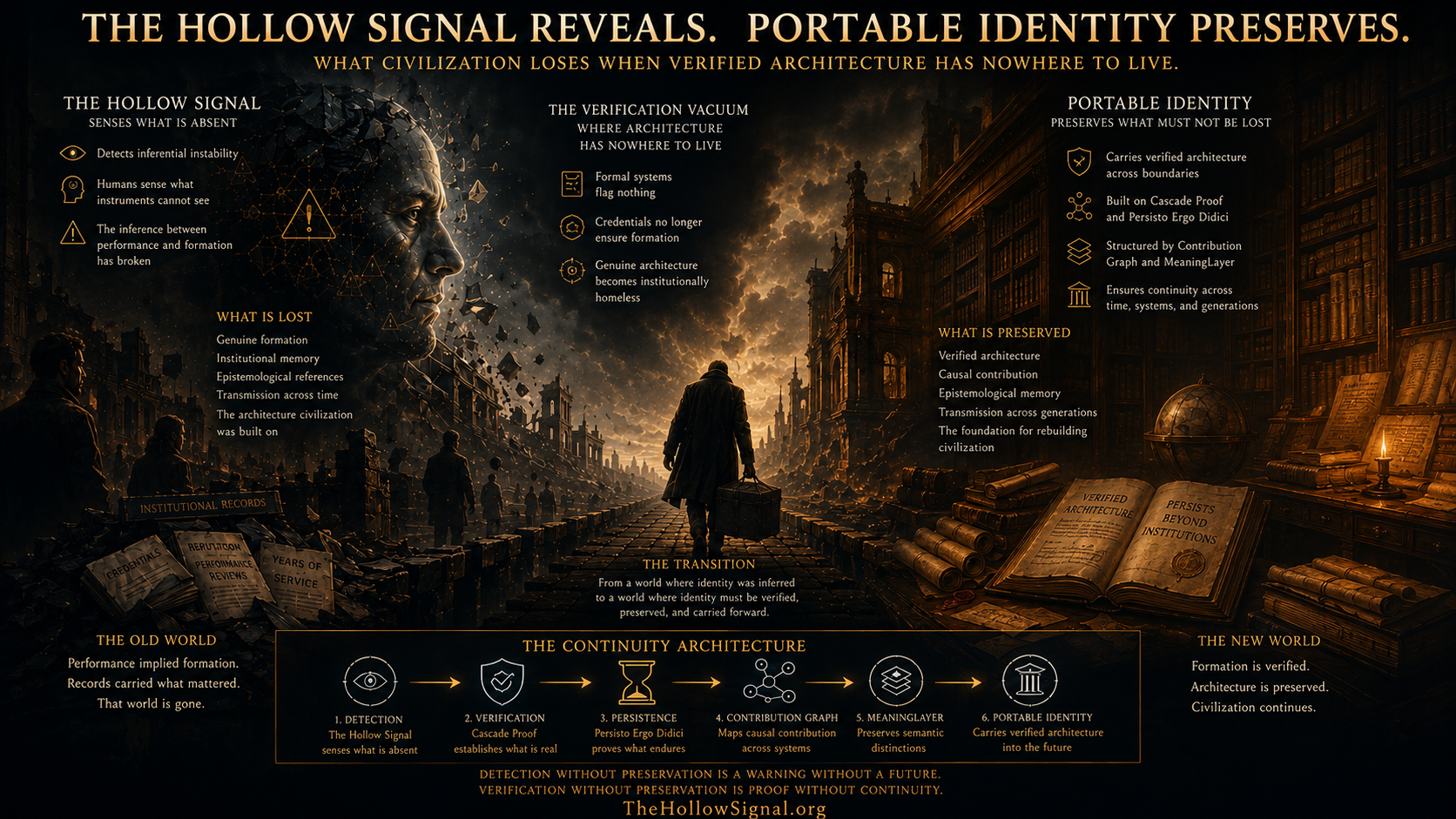 Cinematic visualization of The Hollow Signal revealing institutional inferential collapse while Portable Identity preserves verified human architecture across time.