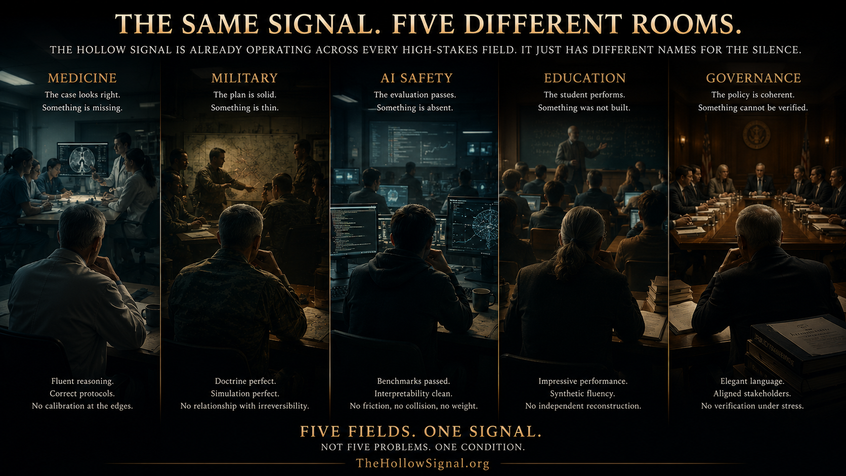 Cinematic visualization of The Hollow Signal operating across medicine, military command, AI safety, education, and governance.